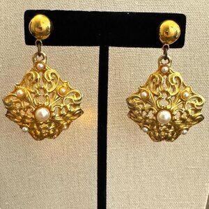 Vintage Pierced Earrings Dangle Large Gold Tone with White Faux Pearls Square